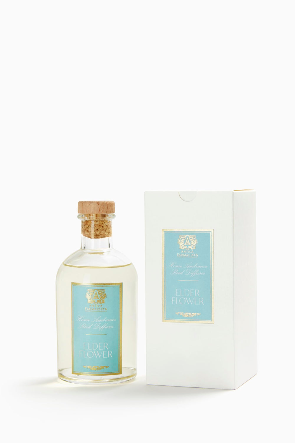 Close-up of Antica Farmacista Elderflower diffuser with reeds displayed