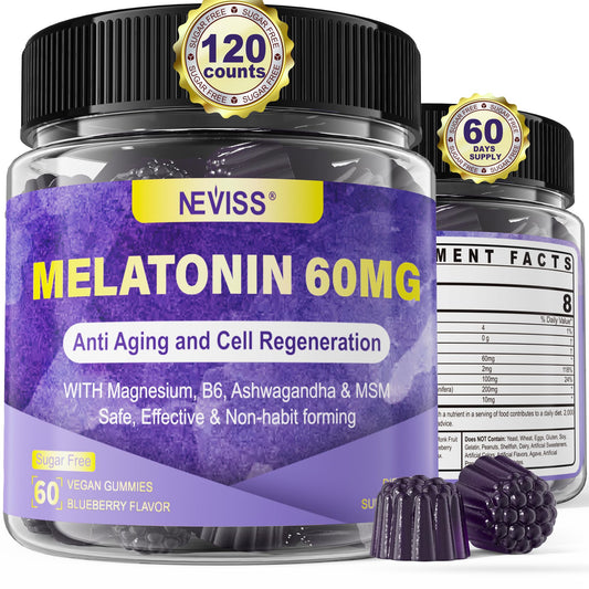 Front view of a bottle labeled Antioxidant & Brain Support Melatonin 60mg gummies