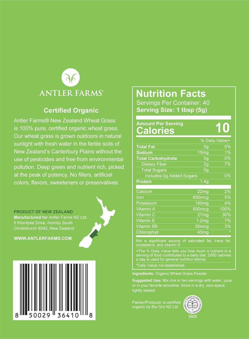 Antler Farms Wheatgrass Powder Packaging 200g