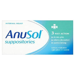 Anusol suppositories 12-pack pack shot highlighting discreet at-home comfort