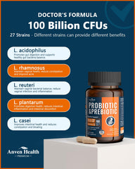 Anven Health 27 strains illustration highlights diverse probiotic support for gut flora.