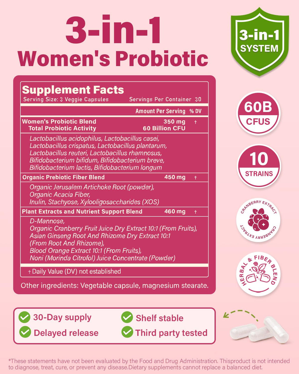 Close-up of 60 Billion CFU label for vaginal probiotics