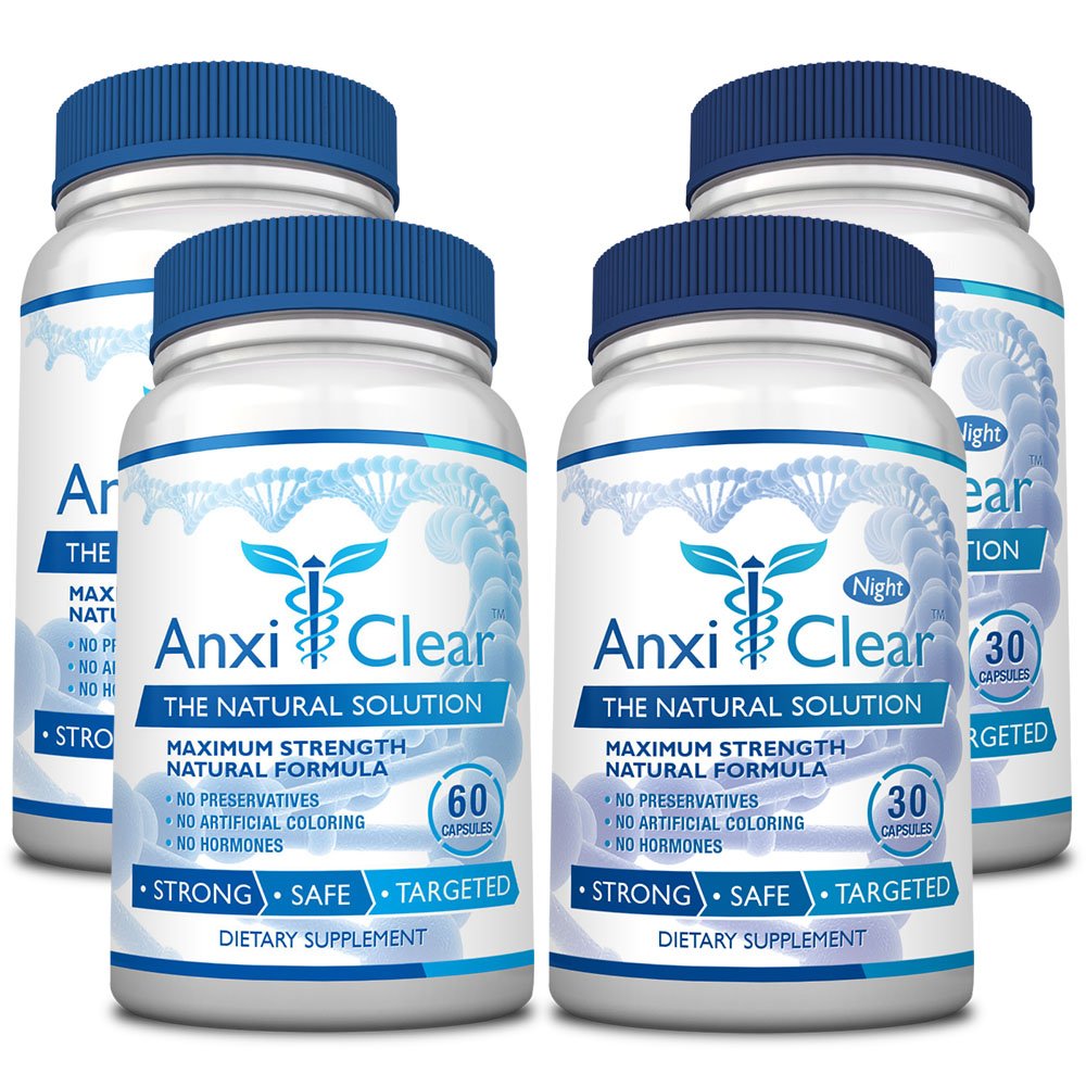AnxiClear daytime formula bottle showing 5-HTP and L-theanine