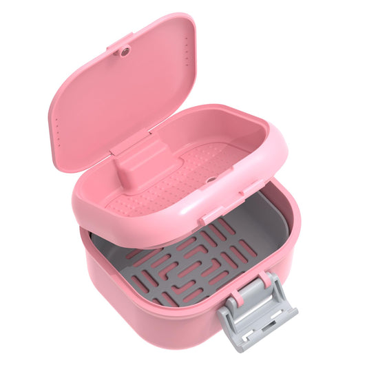 ANYLEY leak-proof denture case open showing pink and silver gray design