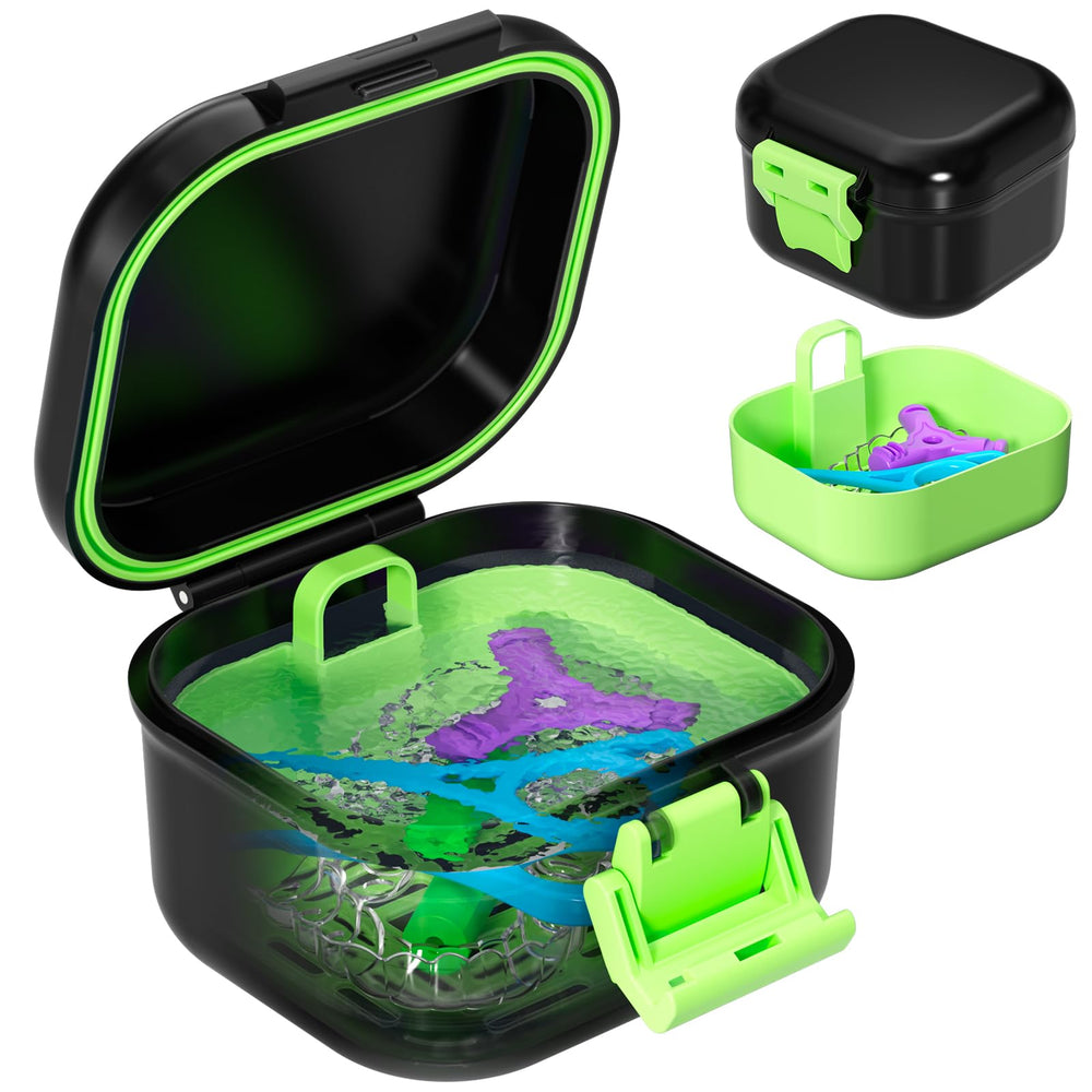 ANYLEY leak proof denture case in black and light green, closed
