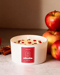 Close-up of candle label highlighting 3-wick design and scent