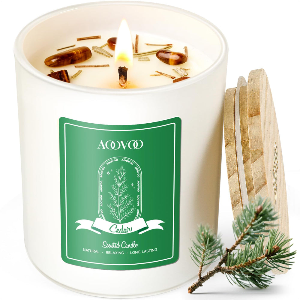 AOOVOO Cedar Scented Candle 10oz jar with cedar and pine imagery