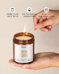 100% soy wax coffee candle burning with warm glow