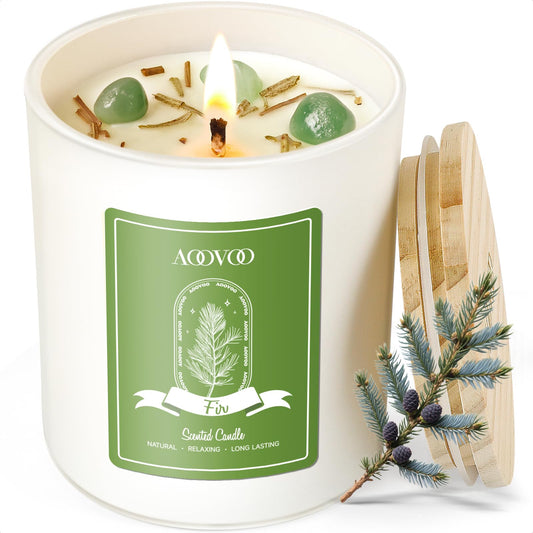 AOOVOO Fir Scented Candle 10oz in a frosted jar with wooden lid on holiday backdrop
