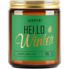 AOOVOO Hello Winter Candle 9oz Pine Scent - front label