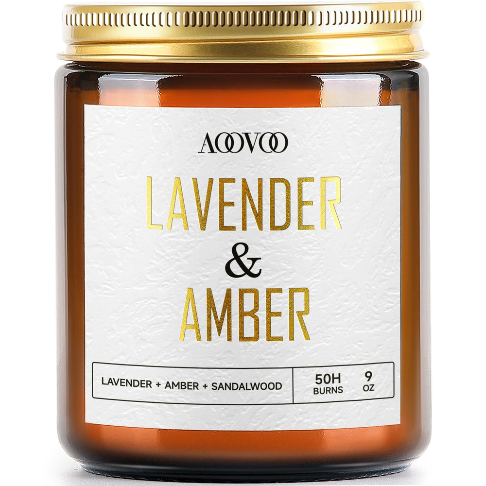 AOOVOO Lavender Amber 9 oz soy candle in a gold-text jar