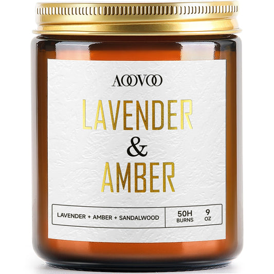 AOOVOO Lavender Amber 9 oz soy candle in a gold-text jar