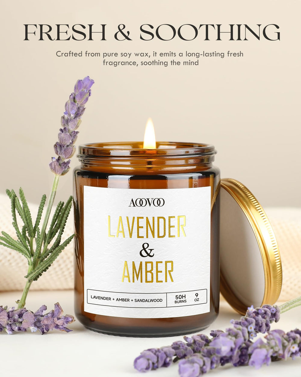 Close-up of AOOVOO Lavender Amber 9 oz candle jar