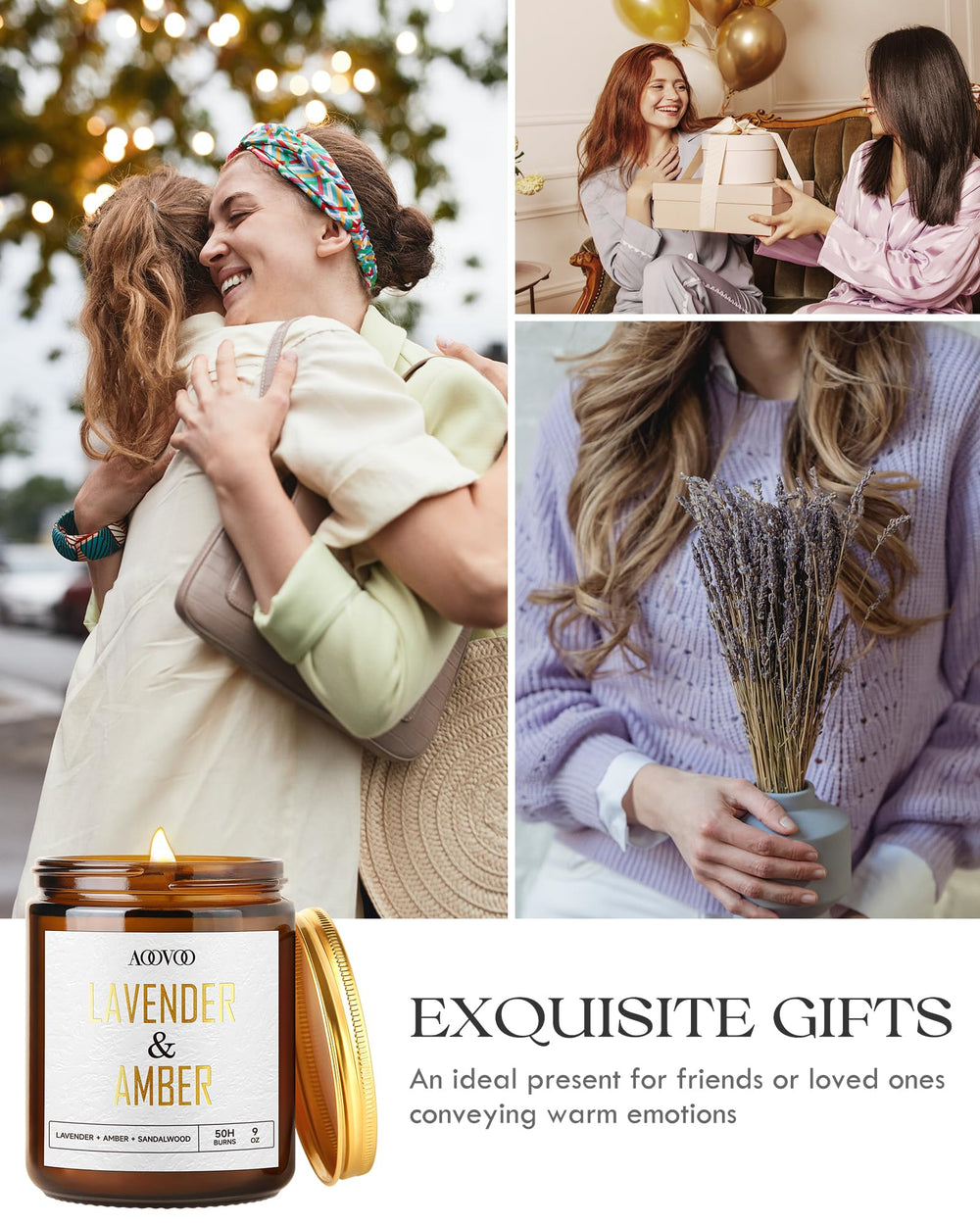 Elegant AOOVOO candle jar with gold text on lavender scent