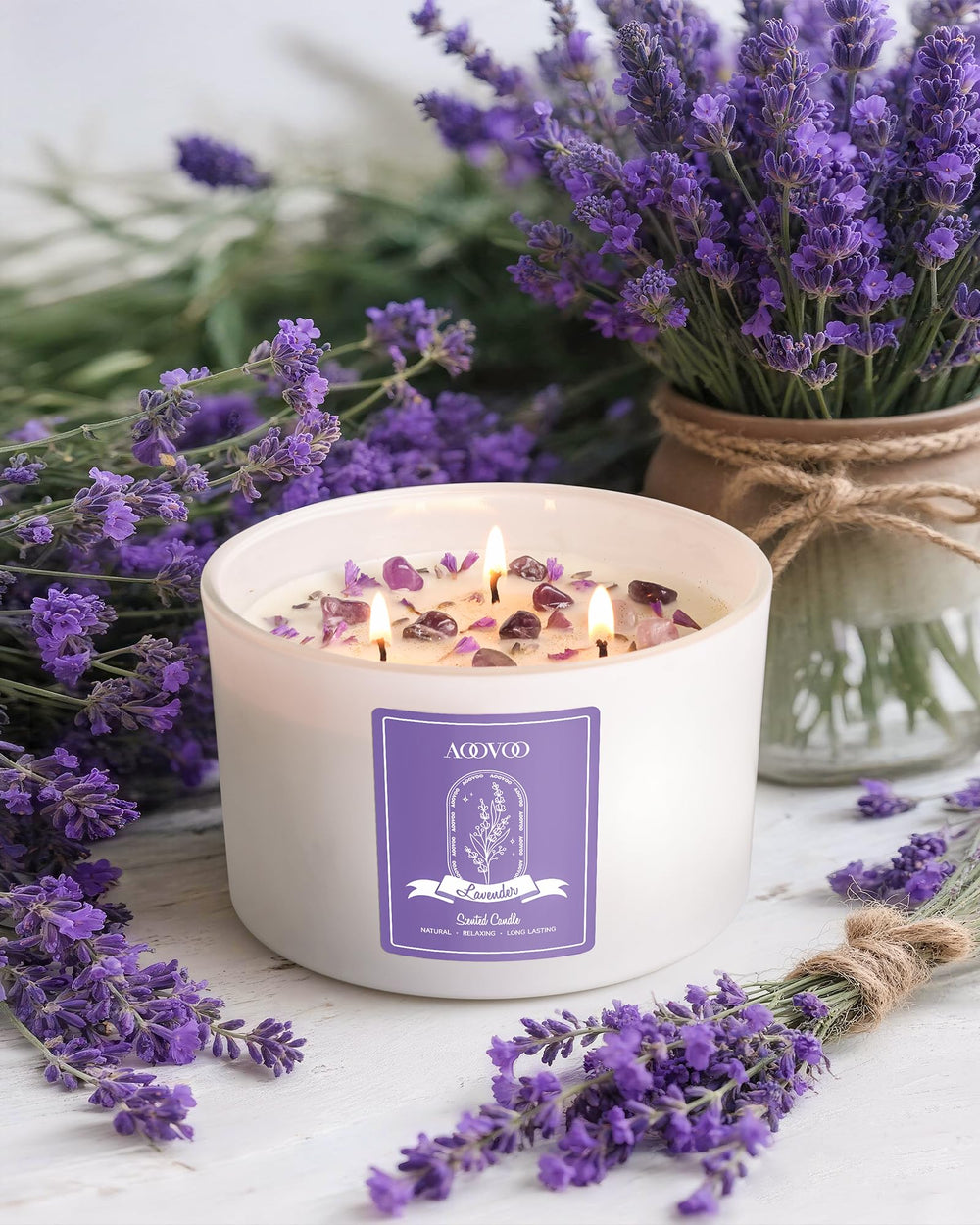 Close-up of amethyst crystals inside AOOVOO lavender candle