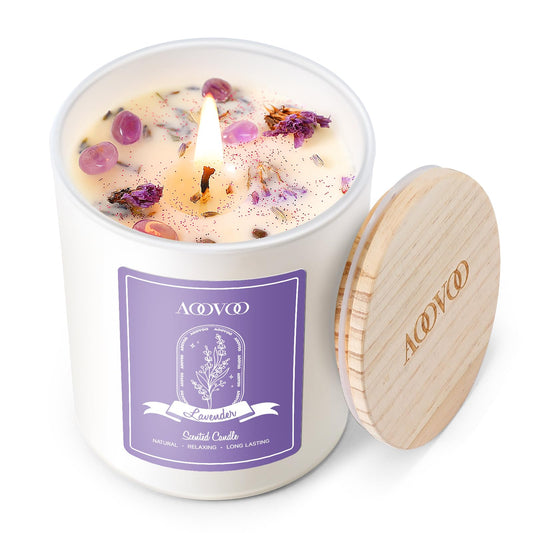 Front view of AOOVOO Lavender scented candle in a 7oz jar