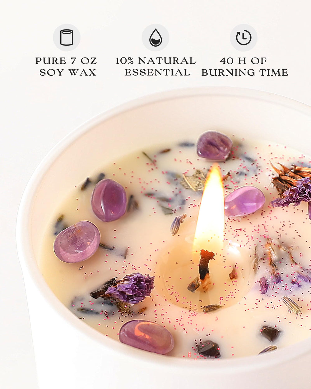 Crystal inside lavender candle with dried flowers