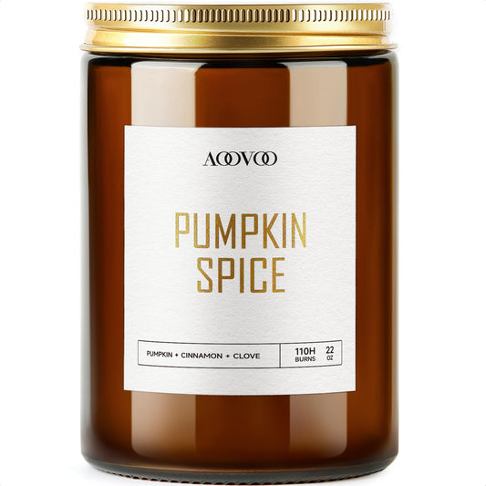 AOOVOO Pumpkin Spice Candle 22 oz jar with gold label