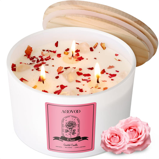 Front view of AOOVOO rose scented candle 20oz 3-wick
