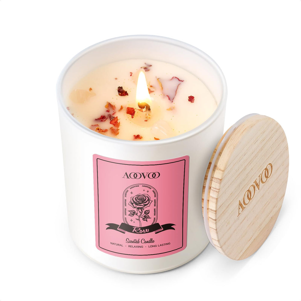 AOOVOO Rose Scented Candle 7oz with crystals and dried flowers
