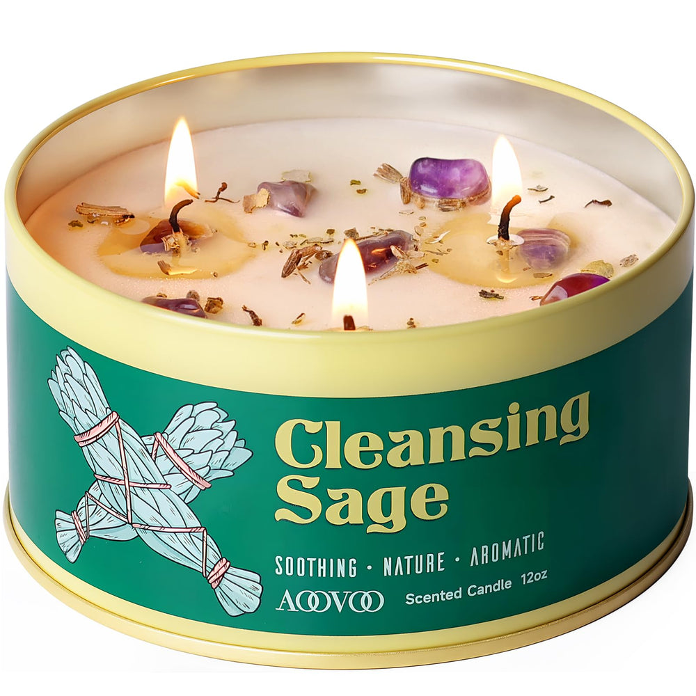 AOOVOO Sage Candle 3-Wick 12oz front view with crystals and sage leaves