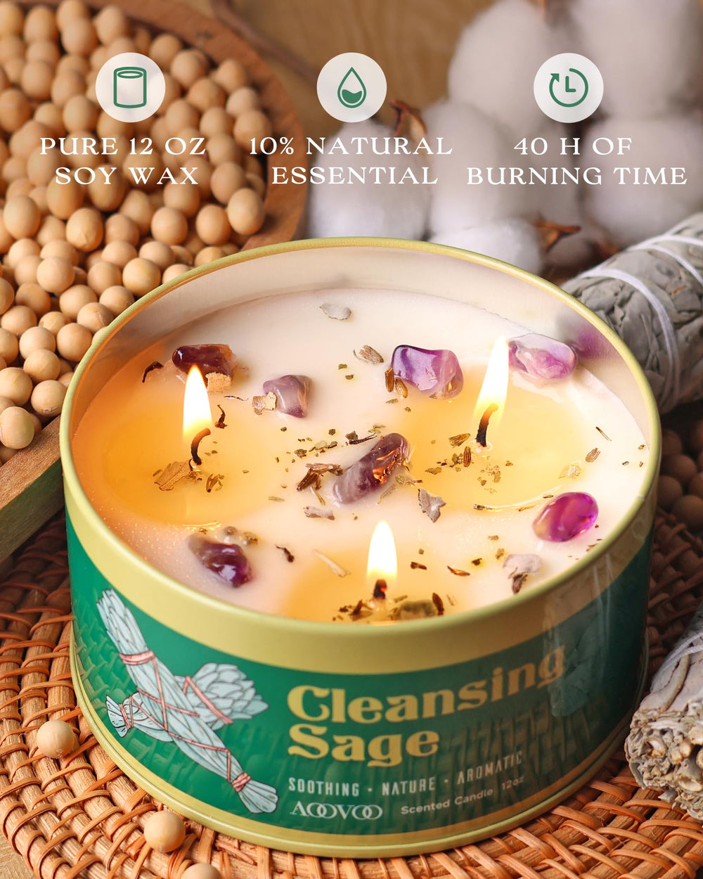 Close-up of dried sage leaves and amethyst crystals on AOOVOO candle