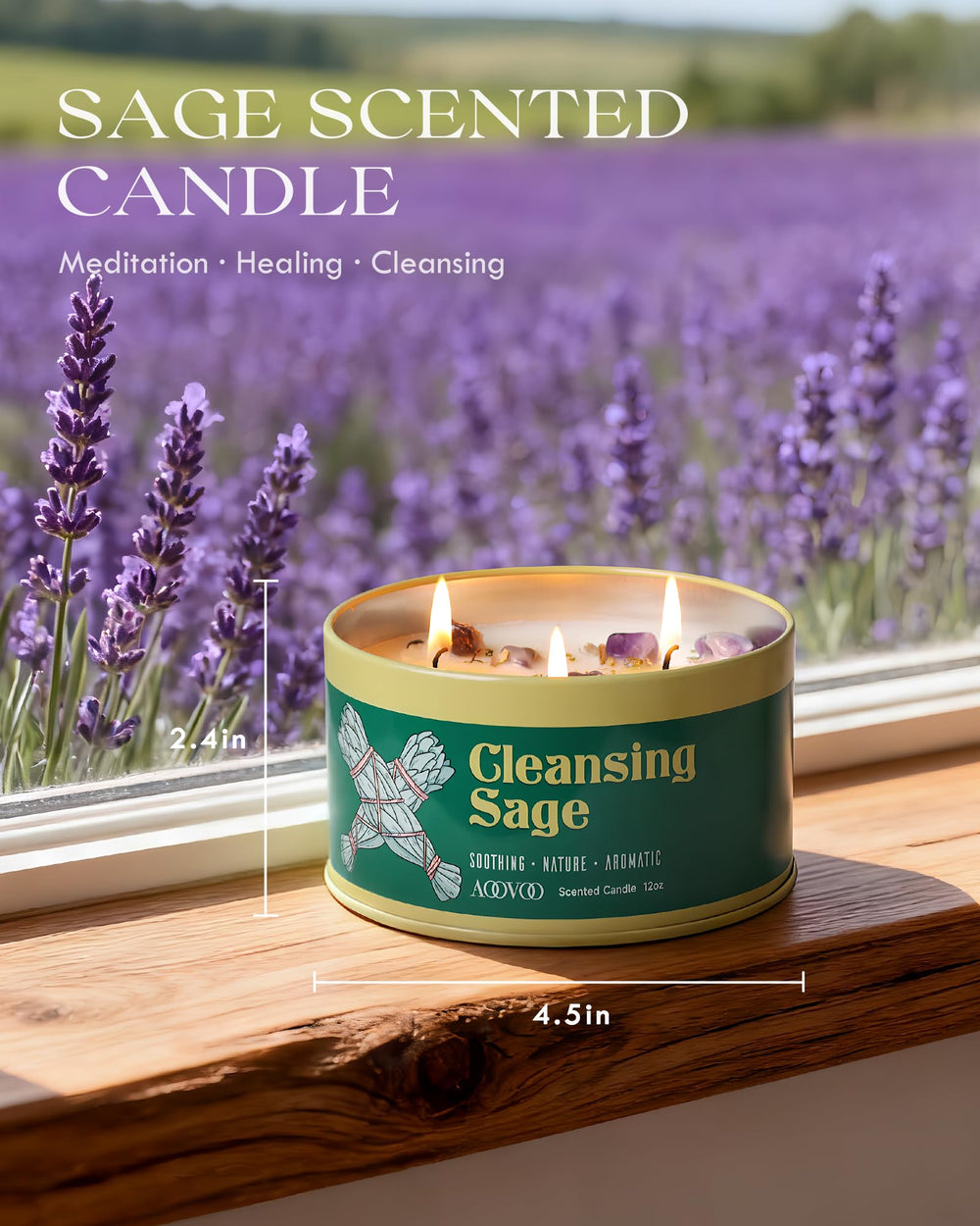Natural soy wax surface with dried sage and crystals on AOOVOO candle