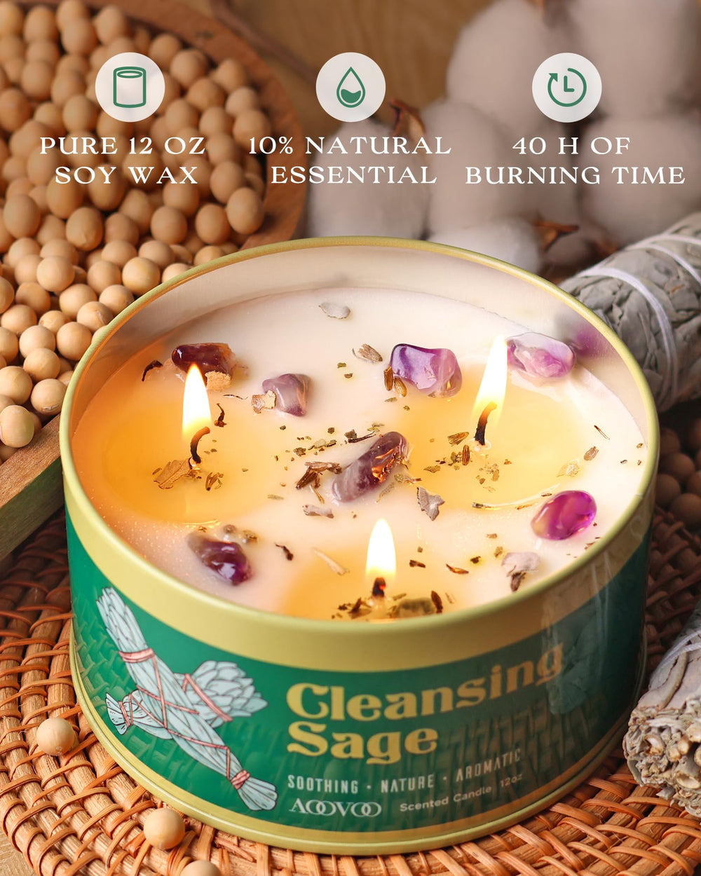 Close-up of crystals inside AOOVOO Sage Candle