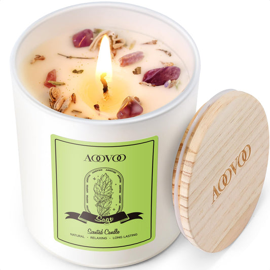 AOOVOO Sage Scented Candle with Crystals Inside - 10oz Soy Wax