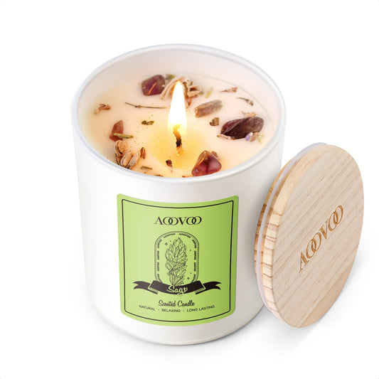 Sage scented candle 7oz with crystals inside (AOOVOO)