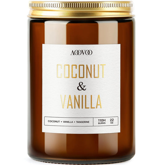 AOOVOO Vanilla Coconut Candle 22oz in clear glass jar with gold text