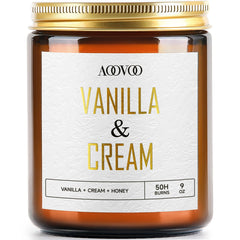 AOOVOO Vanilla Cream 9oz soy candle in glass jar with gold label