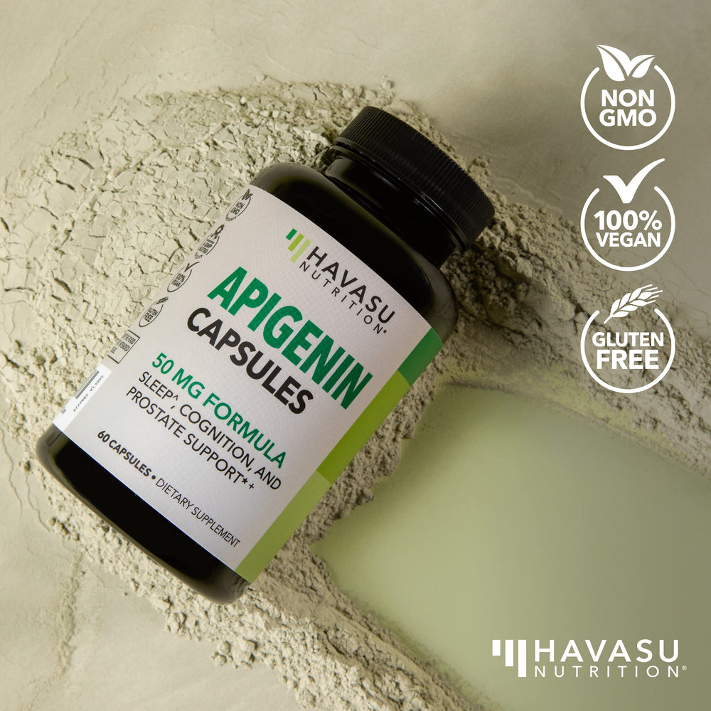 Vegan and Non-GMO certification label on Apigenin capsules packaging