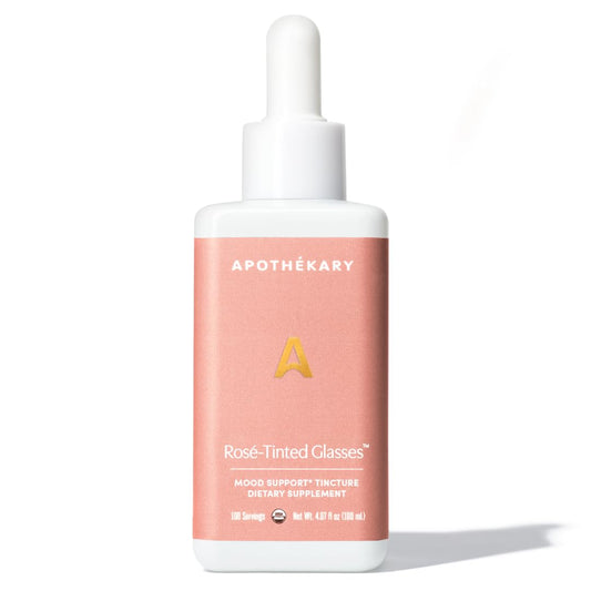 Bottle of Apothekary Rose-Tinted Glasses with rose-tinted herbal liquid