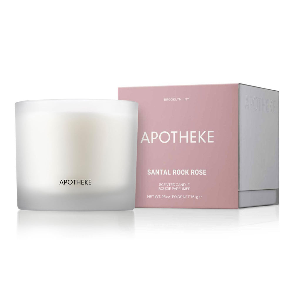 Apotheke 3-Wick Santal Rock Rose candle in a clear 26 oz glass jar