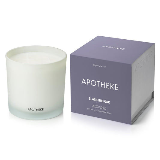 APOTHEKE Black Iris Oak 3-Wick Candle front view in a 26 oz soy wax jar