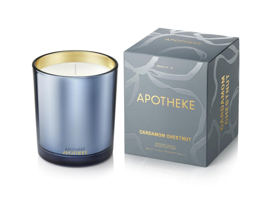 APOTHEKE Cardamom Chestnut candle in blue glass jar - 10.5 oz (front view)