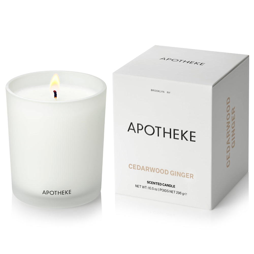 APOTHEKE Cedarwood Ginger 10.5 oz soy candle in reusable glass jar