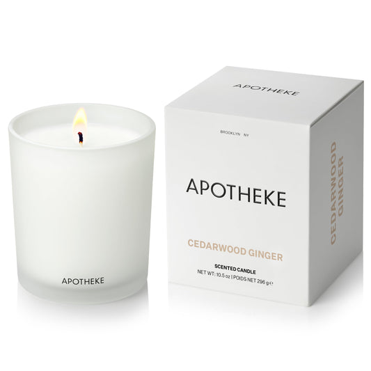 APOTHEKE Cedarwood Ginger 10.5 oz soy candle in reusable glass jar