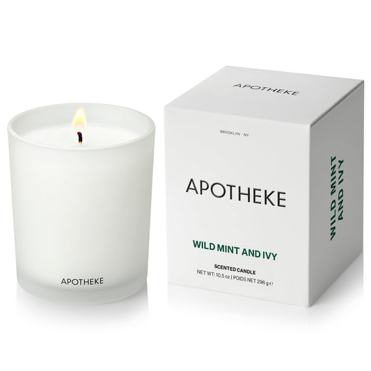 Apotheke Wild Mint & Ivy candle in white glass jar, 10.5 oz