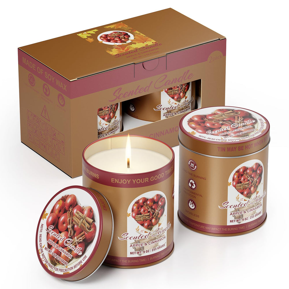 Two Apple Cinnamon scented soy candles in a 2-pack with 510g each in tin jars