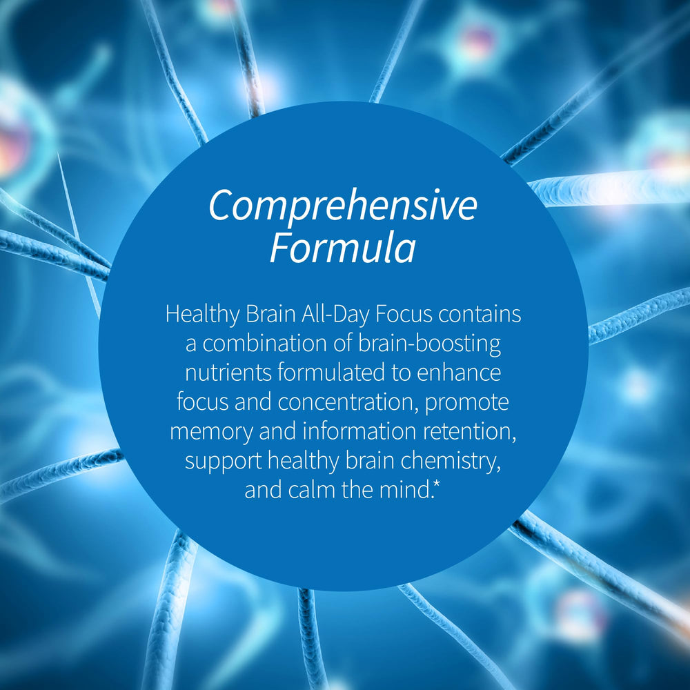 Close-up of label on Healthy Brain All-Day Focus bottle