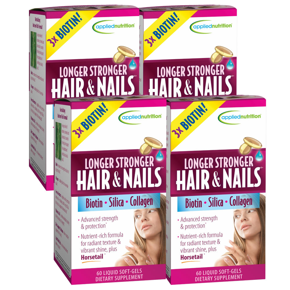 Applied Nutrition Longer Stronger Hair & Nails bottle label with Biotin, Silica & Collagen