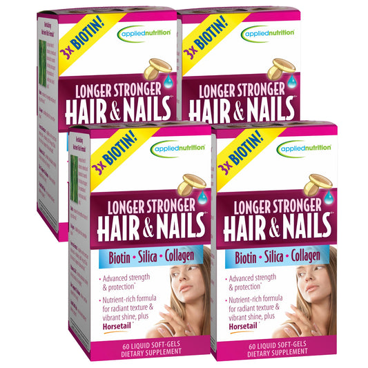 Applied Nutrition Longer Stronger Hair & Nails bottle label with Biotin, Silica & Collagen