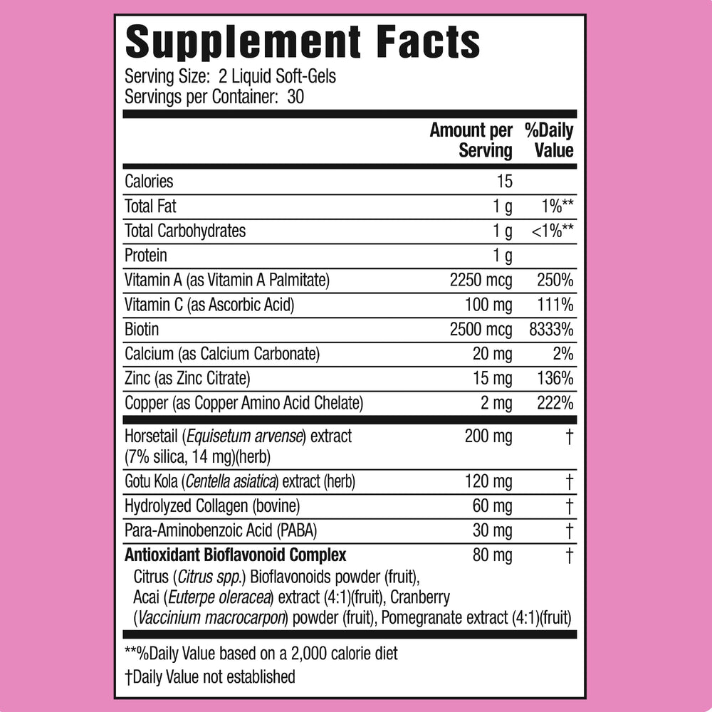 Supplement Facts panel for Longer Stronger Hair & Nails