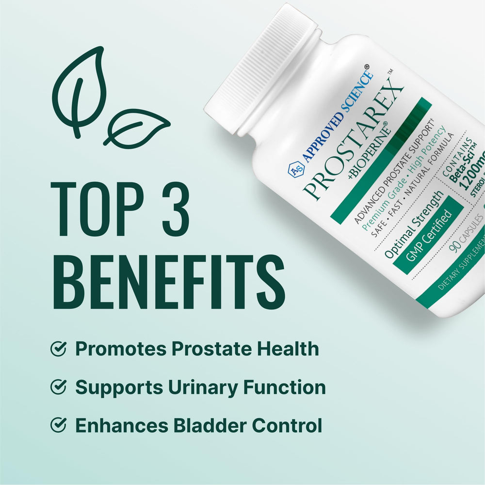 Approved Science Prostarex label detail highlighting 1200mg Beta-Sci blend and Bioperine.