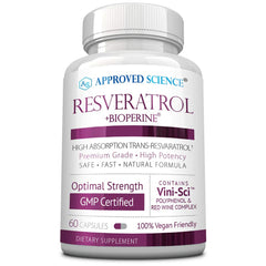 Front view of Approved Science Resveratrol bottle with 60 vegan capsules