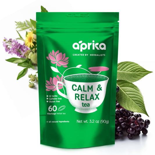 AprikaLife Calm & Relax Herbal Tea box and cup