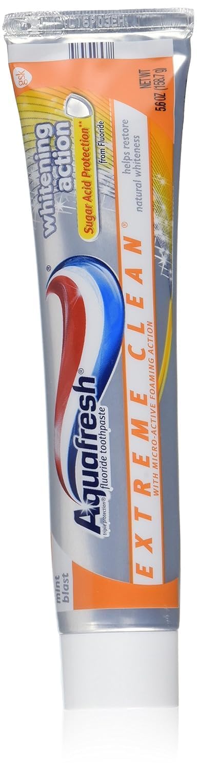 Close-up of six Aquafresh Extreme Clean whitening toothpaste tubes