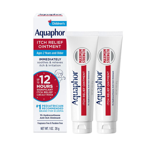 Aquaphor Children's Itch Relief Ointment tube 1oz pack of 2 for quick itch relief.